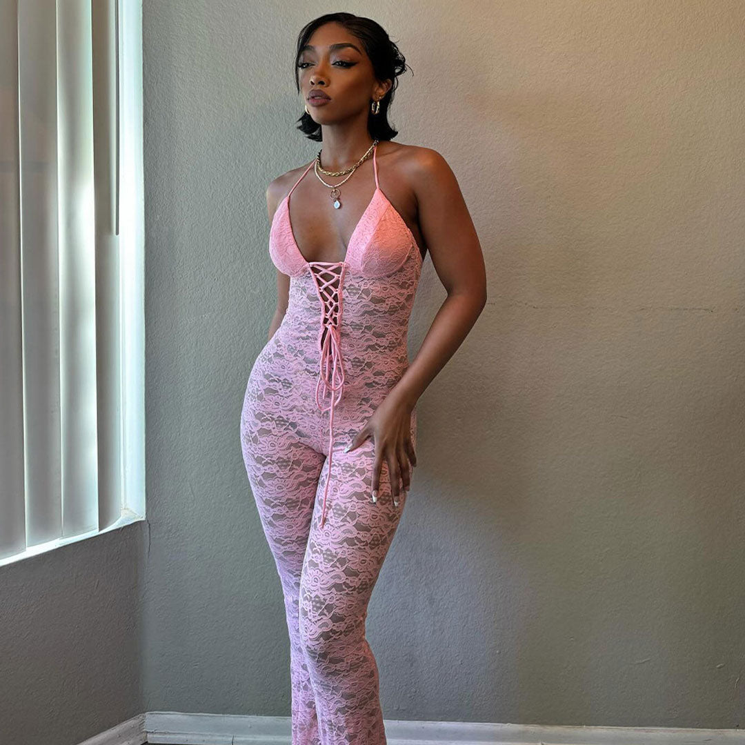 Sexy Halter Neck Lace Up Front Sheer Lace Flared Jumpsuit - Pink