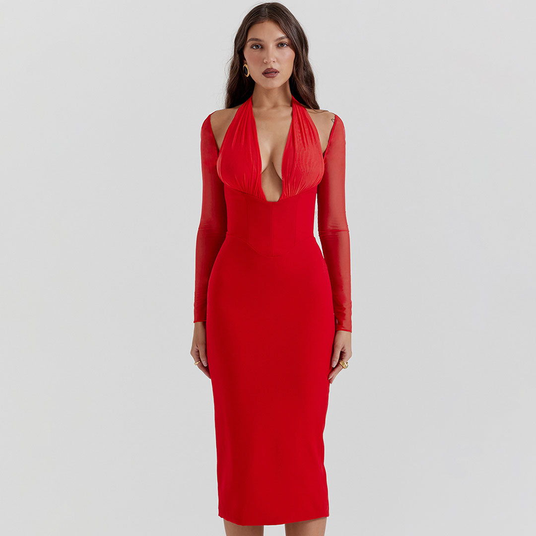 Sexy Halter V Neck Sheer Sleeve Mesh Panel Corset Cocktail Midi Dress - Red