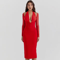 Sexy Halter V Neck Sheer Sleeve Mesh Panel Corset Cocktail Midi Dress - Red