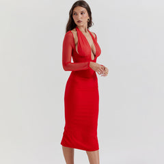 Sexy Halter V Neck Sheer Sleeve Mesh Panel Corset Cocktail Midi Dress - Red