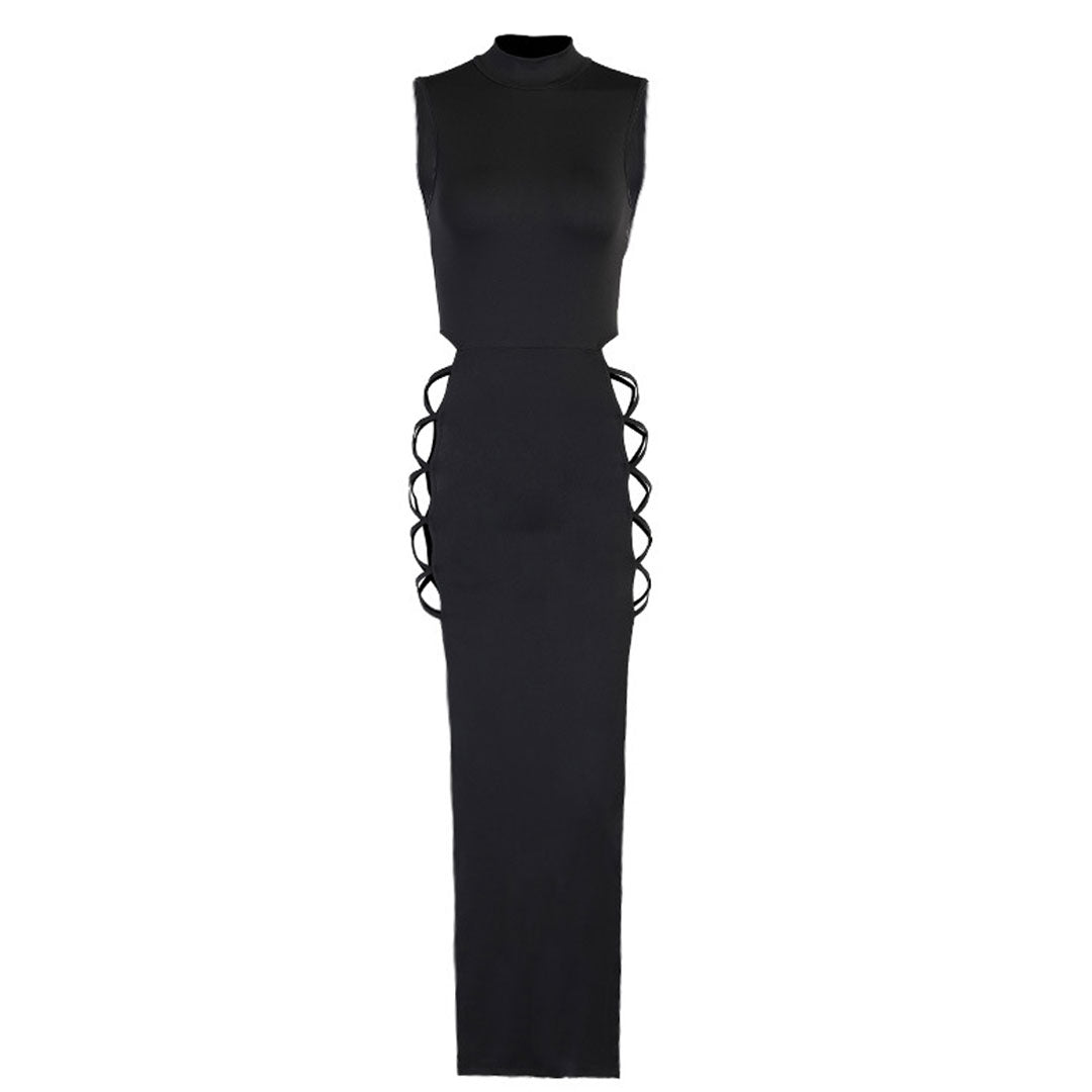 Sexy High Neck Sleeveless High Slit  Cut Out Maxi Dress - Black