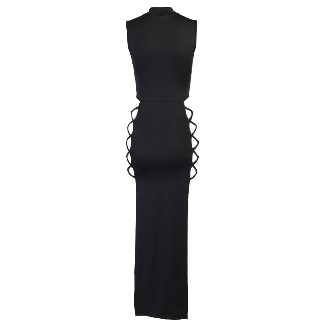 Sexy High Neck Sleeveless High Slit  Cut Out Maxi Dress - Black