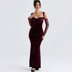 Sexy Lace Sweetheart Neck Bow Tie Velvet Mermaid Maxi Dress - Burgundy