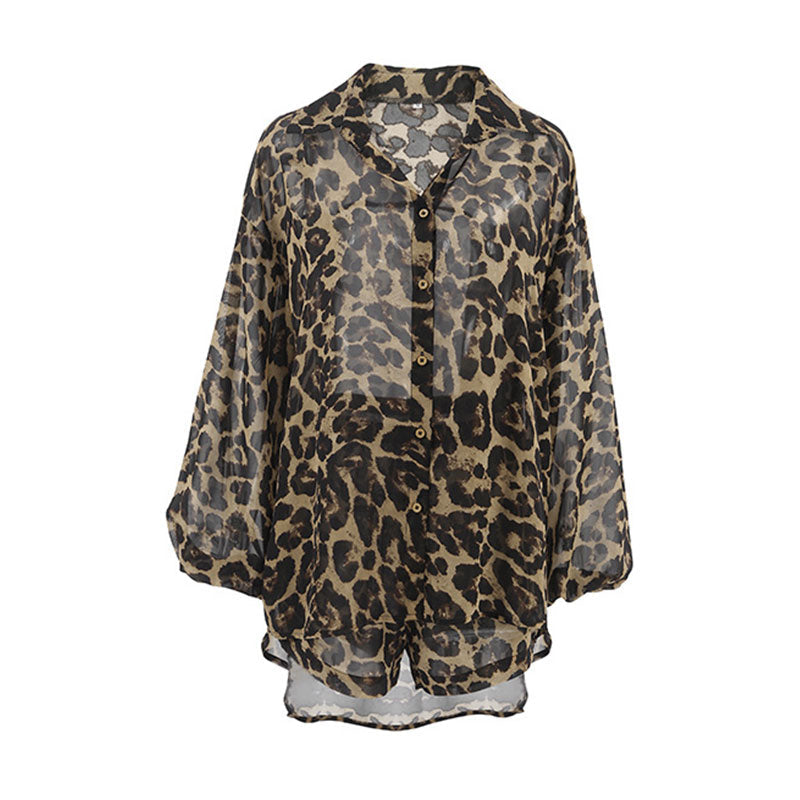 Sexy Leopard Print High Low Blouse Wide Leg Shorts Semi Sheer Lounge Set