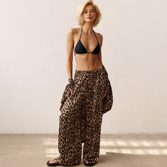 Sexy Leopard Printed Wrap Robe High Waist Wide Leg Pants Lounge Set