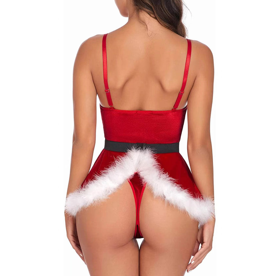 Claus Velvet Belted Fluffy Peplum Christmas Thong Bodysuit - Red