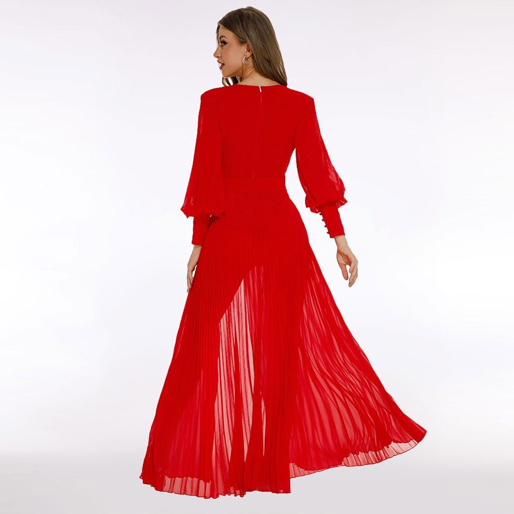 Sexy Plunge Bishop Sleeve Belted High Split Chiffon Pleated Maxi Evening Dress