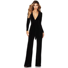 Plunge Neck Long Sleeve Tie Waist Wide Leg Velvet Jumpsuit - Black