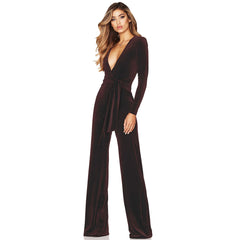 Plunge Neck Long Sleeve Tie Waist Wide Leg Velvet Jumpsuit - Coffee