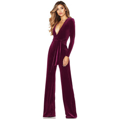 Plunge Neck Long Sleeve Tie Waist Wide Leg Velvet Jumpsuit - Fuchsia