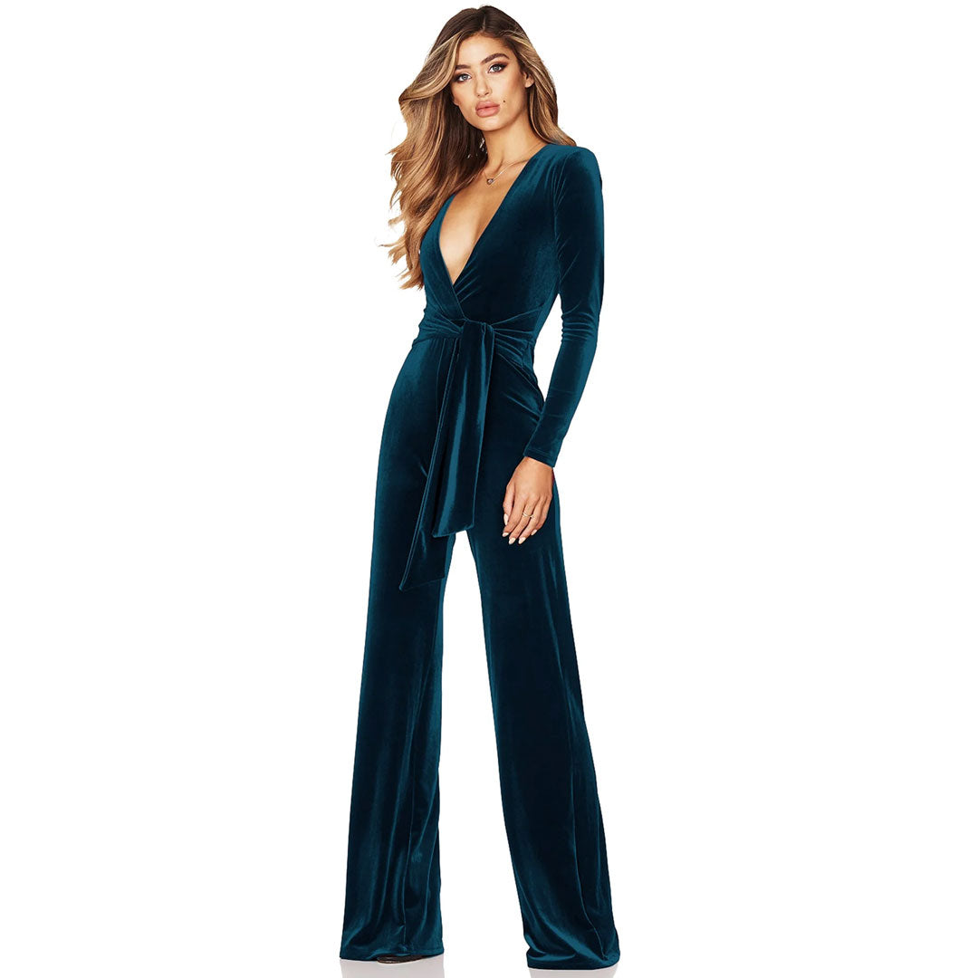 Plunge Neck Long Sleeve Tie Waist Wide Leg Velvet Jumpsuit - Teal