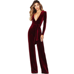 Plunge Neck Long Sleeve Tie Waist Wide Leg Velvet Jumpsuit - Wine