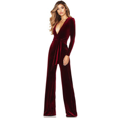 Plunge Neck Long Sleeve Tie Waist Wide Leg Velvet Jumpsuit - Wine