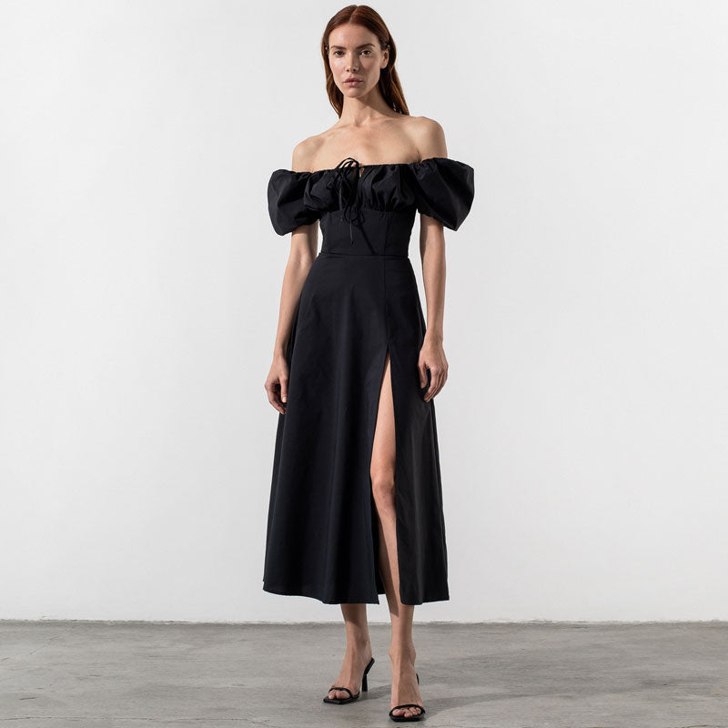 Puff Sleeve Tie Front High Split Off Shoulder Midi Sundress - Black