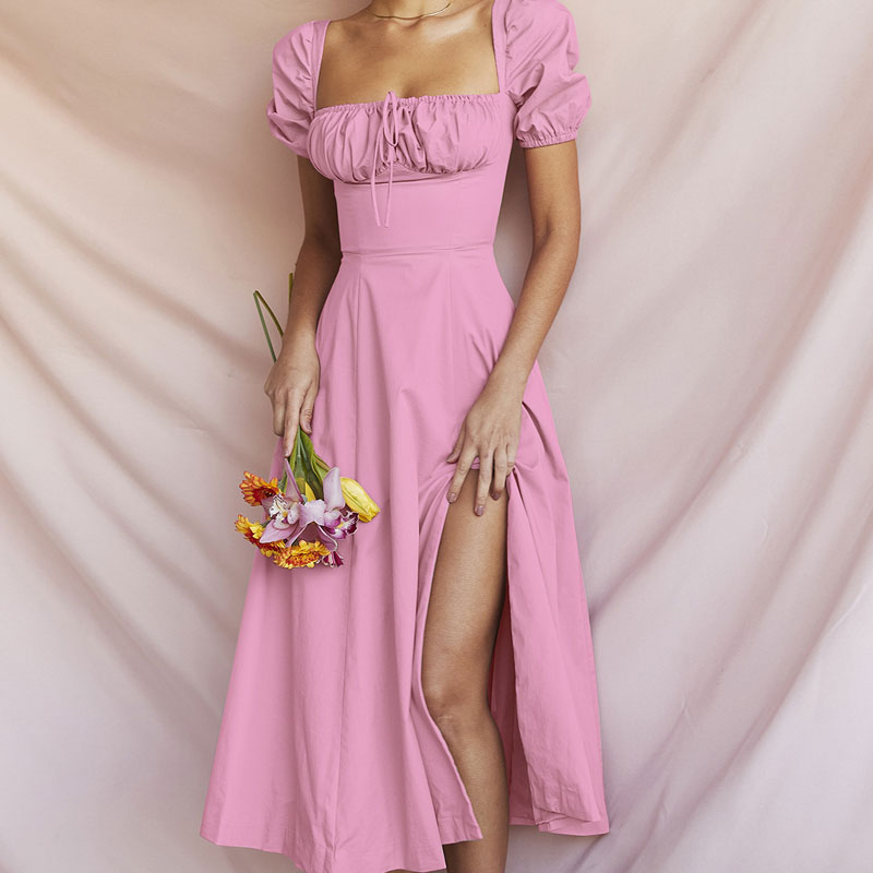 Puff Sleeve Tie Front High Split Off Shoulder Midi Sundress - Pink