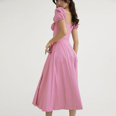 Puff Sleeve Tie Front High Split Off Shoulder Midi Sundress - Pink