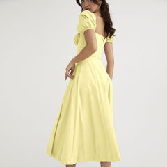 Puff Sleeve Tie Front High Split Off Shoulder Midi Sundress - Yellow