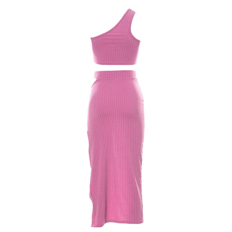 Ribbed One Shoulder Top High Waist Split Midi Skirt Matching Set - Pink