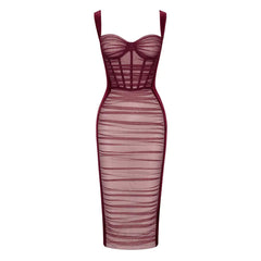 Sexy Ruched Mesh Panel Sweetheart Suspender Strap Corset Midi Velvet Dress