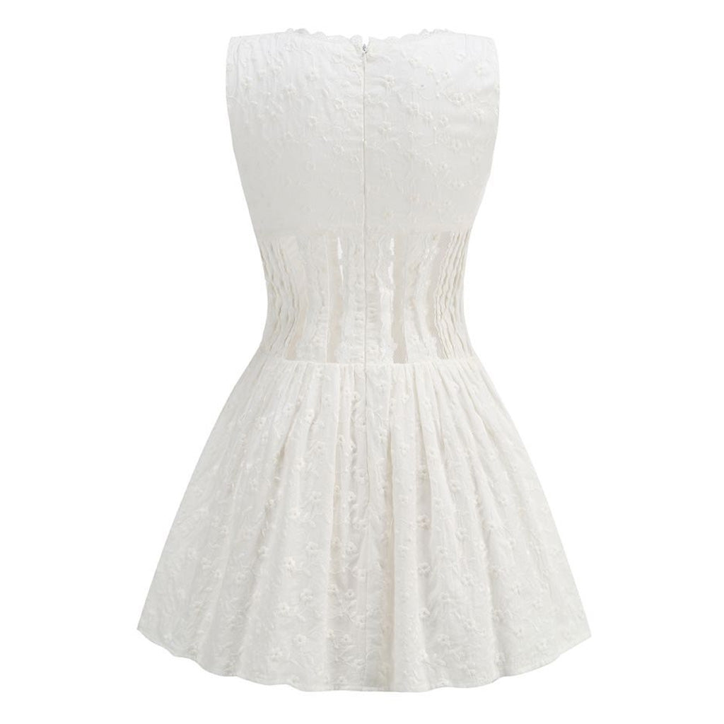 Sexy Scalloped Deep V Lace Panel Broderie Anglaise Drop Waist Mini Dress