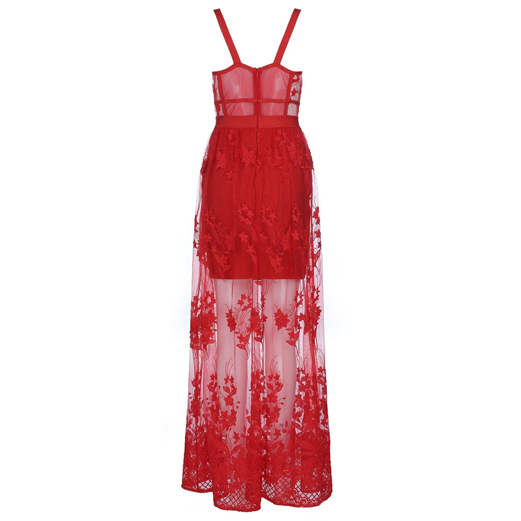 Sexy Sheer Mesh Floral Embroidered Bandage Maxi Dress - Red