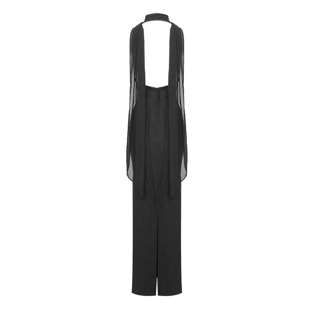 Sexy Sheer Mesh Scarf Plunge Halter Open Back Jersey Maxi Evening Dress