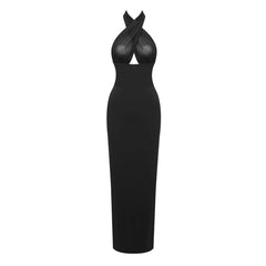 Sexy Sheer Mesh Scarf Plunge Halter Open Back Jersey Maxi Evening Dress