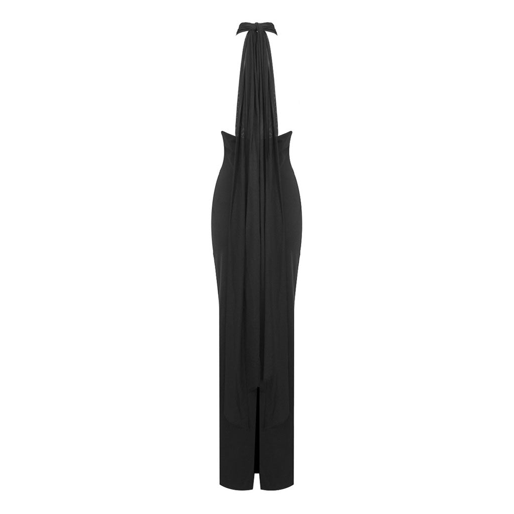 Sexy Sheer Mesh Scarf Plunge Halter Open Back Jersey Maxi Evening Dress