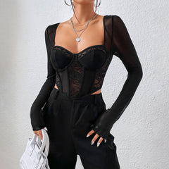 Sweetheart Long Sleeve Floral Lace Sheer Mesh Corset - Black