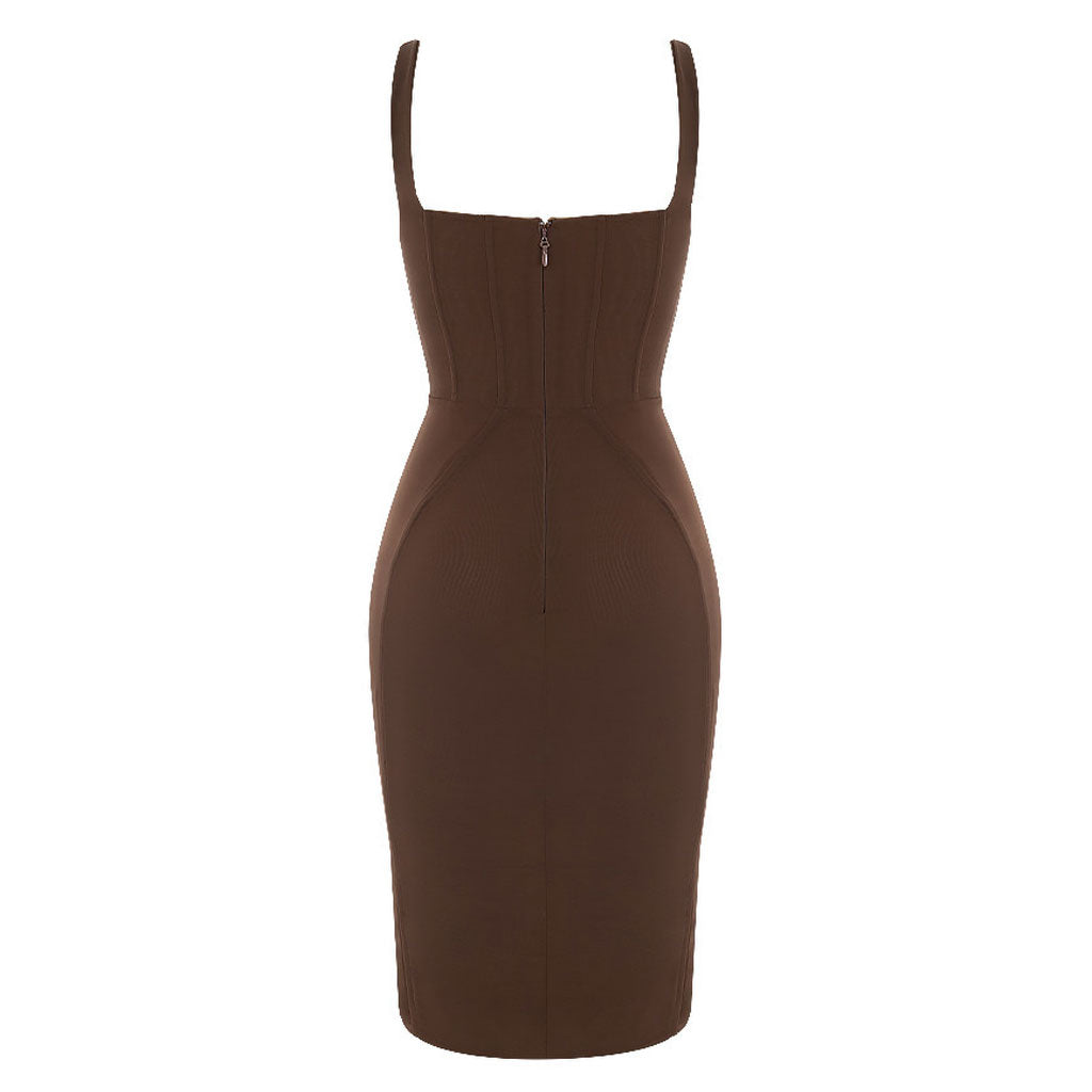 Sexy Tie Front Push Up Bodycon Bandage Corset Midi Dress - Chocolate