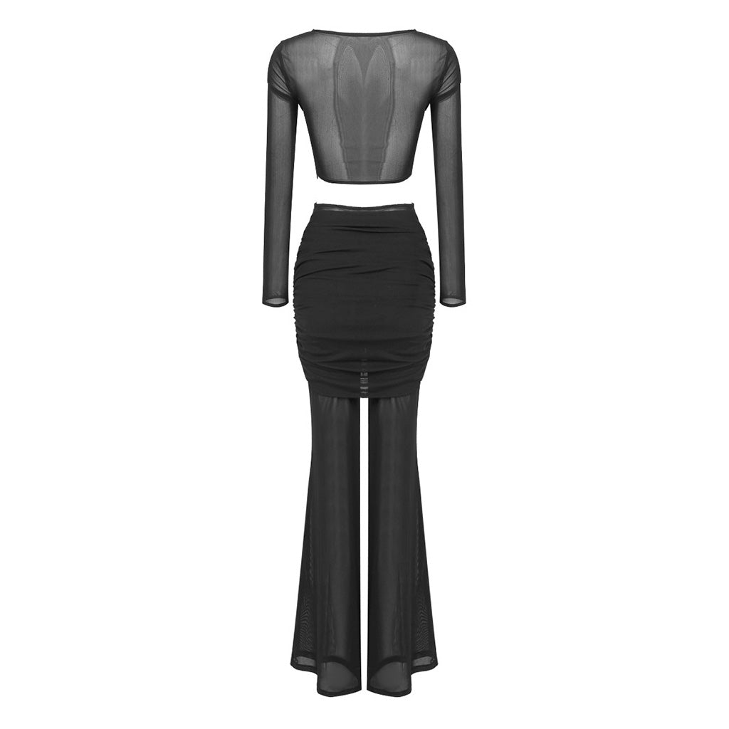 Sexy Twist Cutout Ruched High Waist Flare Pants Sheer Mesh Matching Set