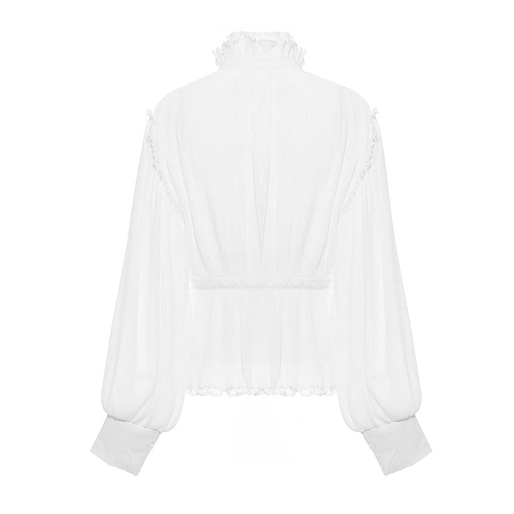 Sheer Ruffled High Neck Puff Sleeve Button Down Pleated Peplum Blouse