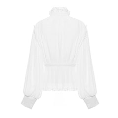 Sheer Ruffled High Neck Puff Sleeve Button Down Pleated Peplum Blouse