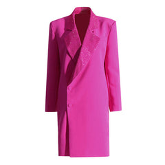 Shimmering Crystal Notch Lapel Padded Long Sleeve Single Breasted Blazer Coat