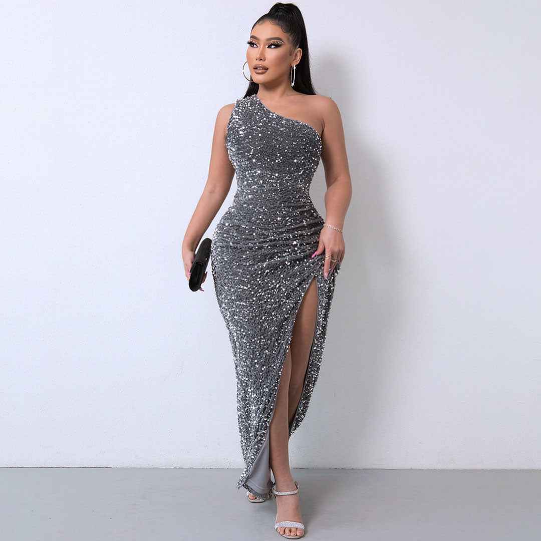 Shimmery Sequin High Split One Shoulder Gown Maxi Dress - Dark Gray