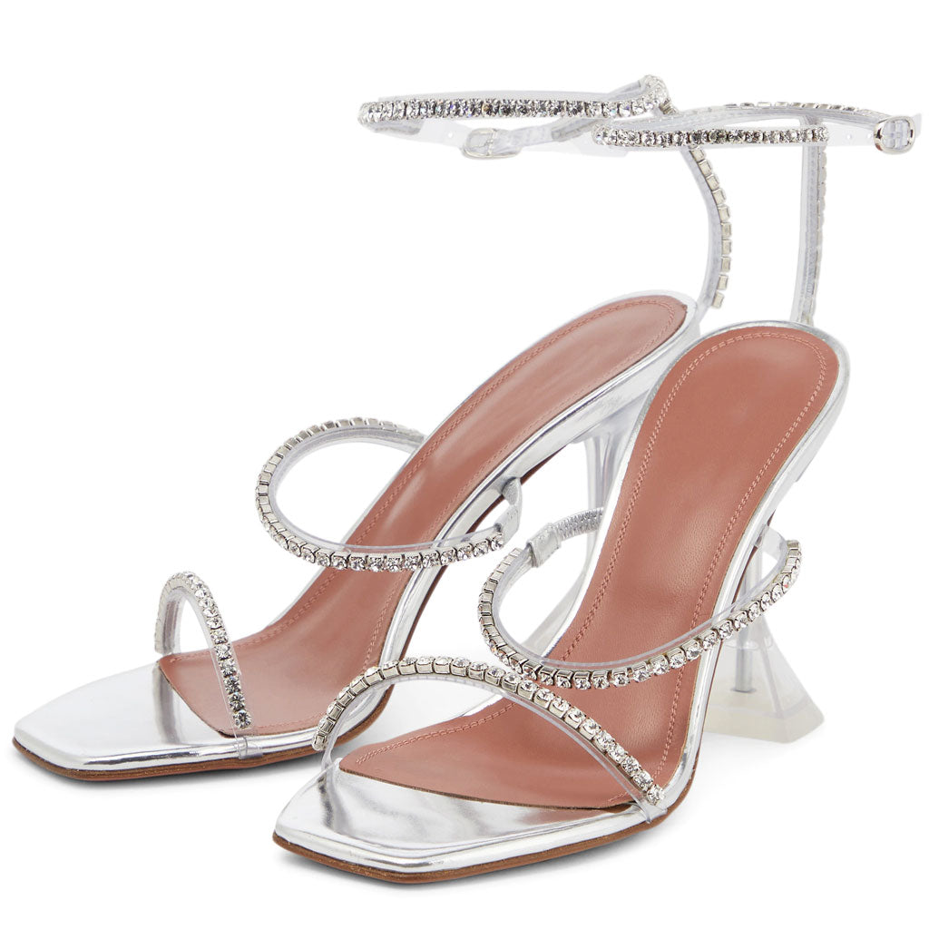 Shiny Crystal Ankle Strap Square Toe Clear PVC Martini Heel Sandals - Silver