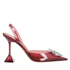 Shiny Crystal Embellished Clear Martini Heel Slingback Pumps - Burgundy