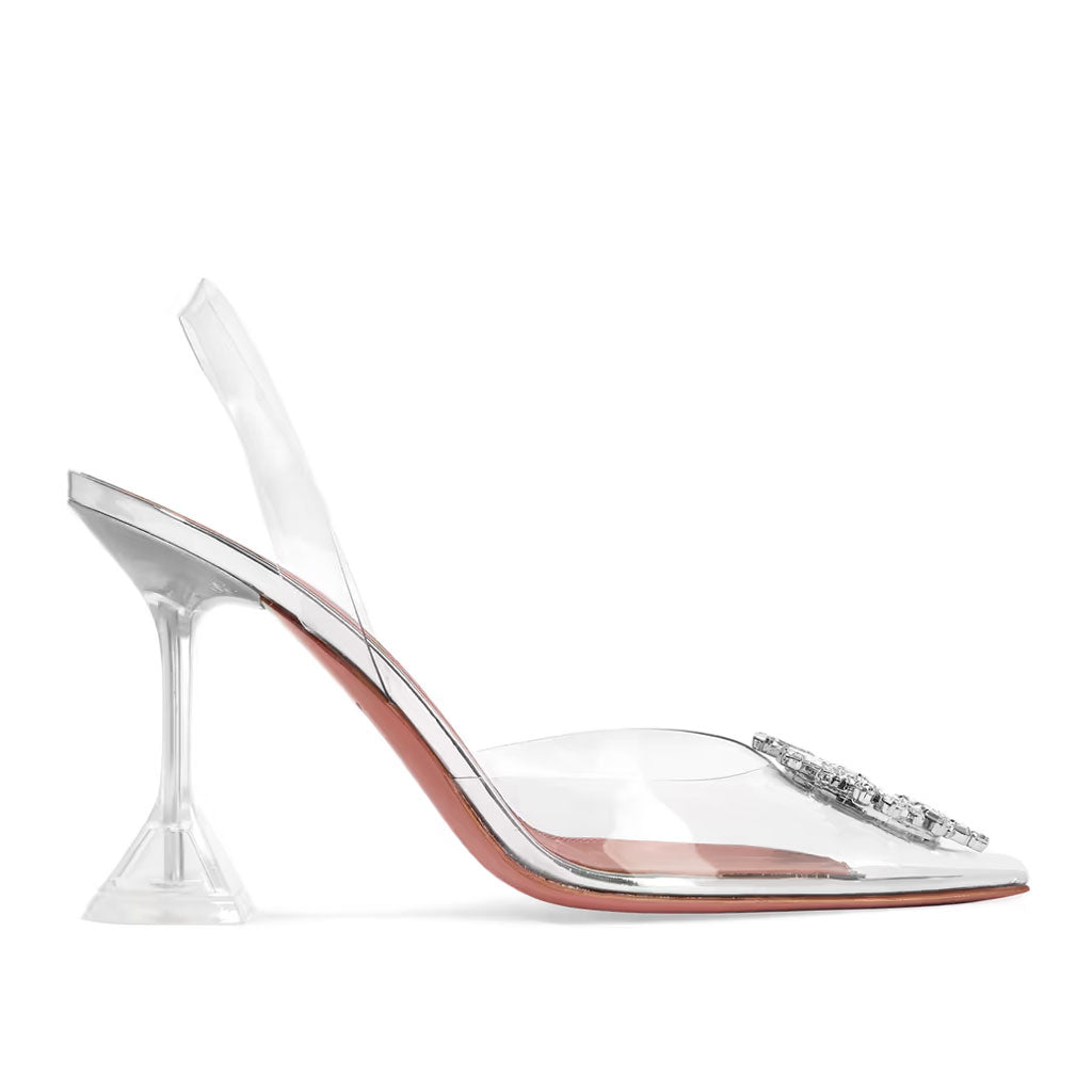 Shiny Crystal Embellished Clear Martini Heel Slingback Pumps - Silver