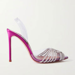 Shiny Crystal Embellished Clear PVC Stiletto Slingback Pumps - Fuchsia