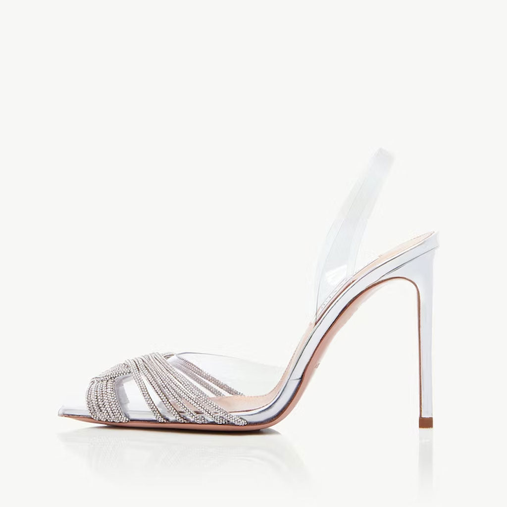 Shiny Crystal Embellished Clear PVC Stiletto Slingback Pumps - Silver