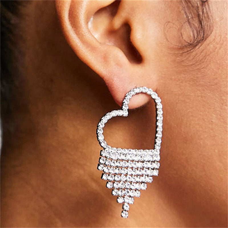 Shiny Rhinestone Embellished Fringe Heart Shape Dangle Earrings - Silver