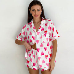 Silky Satin Heart Printed Lapel Button Up Blouse High Rise Shorts Lounge Set