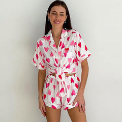 Silky Satin Heart Printed Lapel Button Up Blouse High Rise Shorts Lounge Set