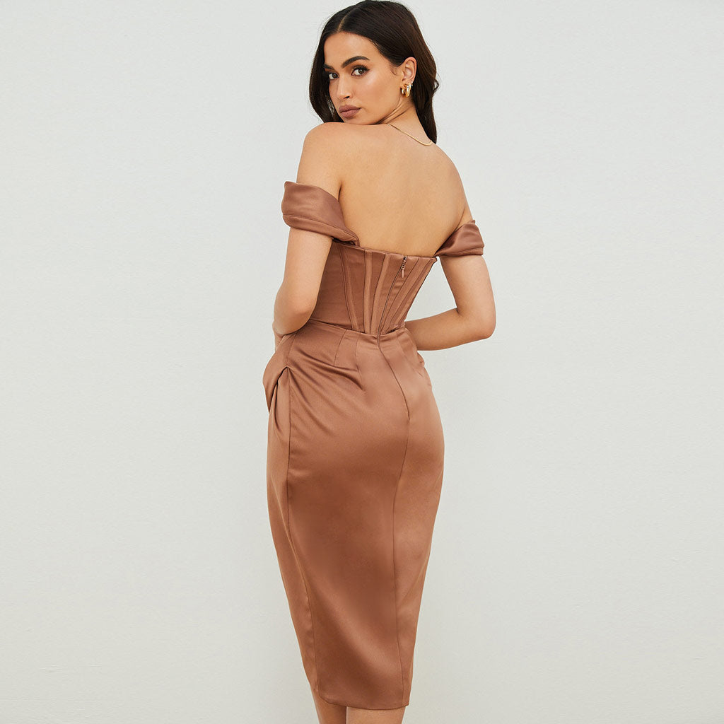 Silky Satin Off Shoulder High Slit Drape Corset Midi Dress - Coffee