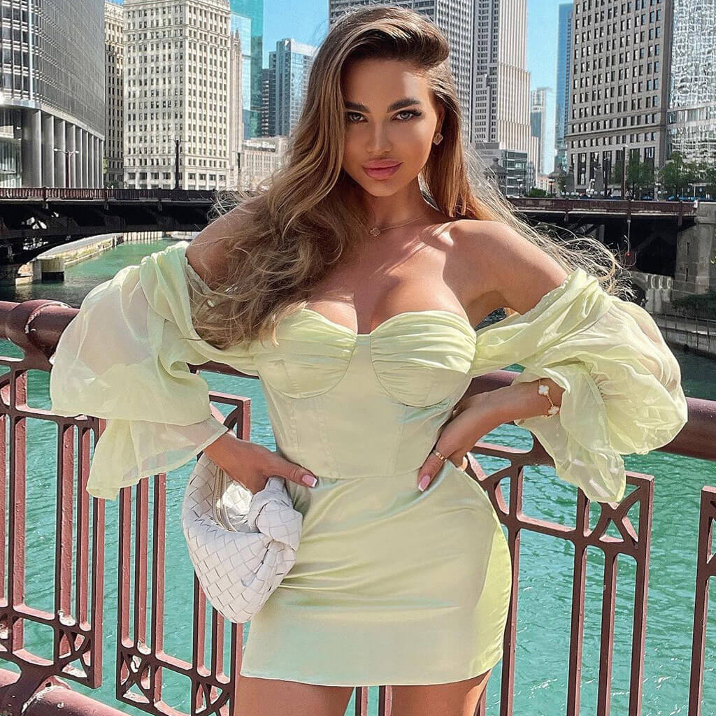 Silky Satin Off Shoulder Mesh Sleeve Bustier Corset Mini Dress - Sage Green