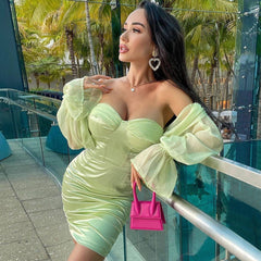 Silky Satin Off Shoulder Mesh Sleeve Bustier Corset Mini Dress - Sage Green