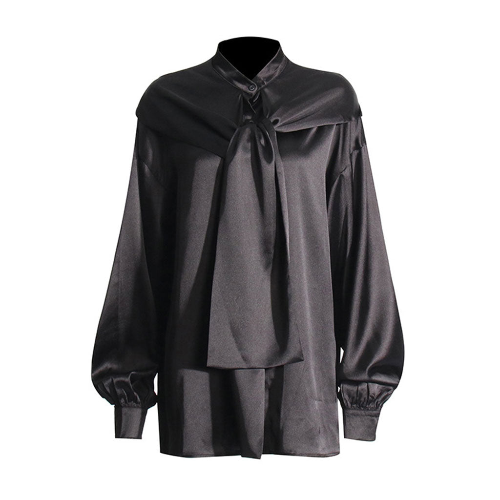 Silky Stand Collar Tie Neck Hooded Lantern Sleeve Oversized Satin Shirt