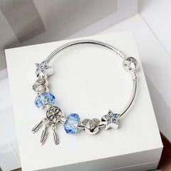 Boho Style Silver Plated Rhinestone Charm Bangle Bracelet - Silver