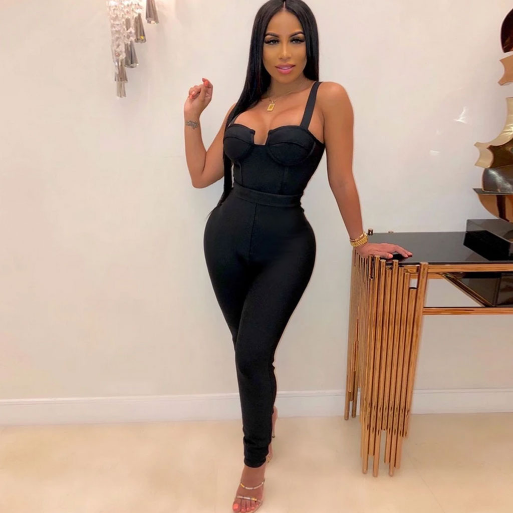 Sleeveless Notch Front Bodycon Bandage Jumpsuit - Black