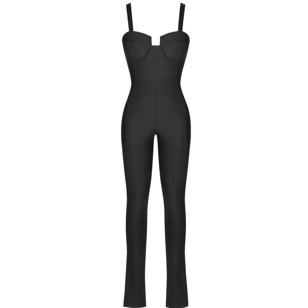 Sleeveless Notch Front Bodycon Bandage Jumpsuit - Black